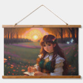 夕暮れの草地のかわいい悲しいスタイルの女性 吊り下げ型タペストリー (正面)