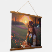 夕暮れの草地のかわいい悲しいスタイルの女性 吊り下げ型タペストリー (傾斜あり)