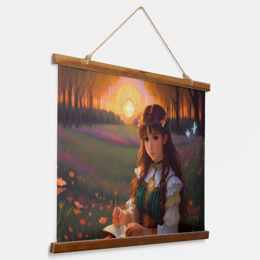 夕暮れの草地のかわいい悲しいスタイルの女性 吊り下げ型タペストリー (傾斜あり)