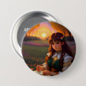 夕暮れの草地のかわいい悲しいスタイルの女性 缶バッジ (正面&裏面)