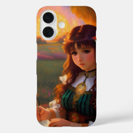 夕暮れの草地のかわいい悲しいスタイルの女性 iPhone 16ケース