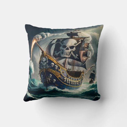 夕暮れはっきりしたで嵐の海を航行する海賊船 クッション (裏面)