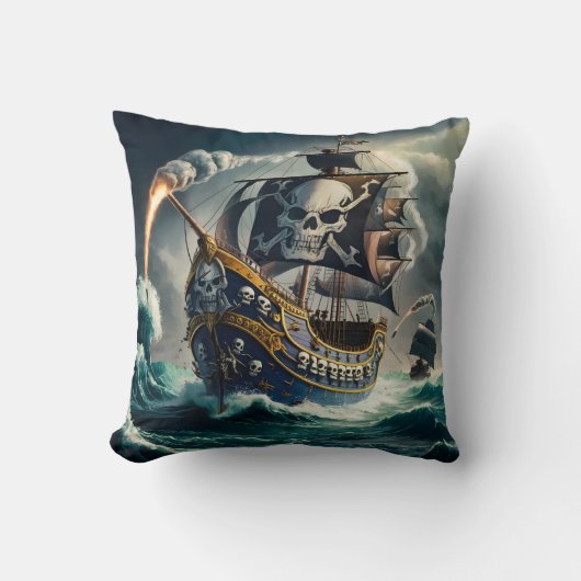 夕暮れはっきりしたで嵐の海を航行する海賊船 クッション (正面)