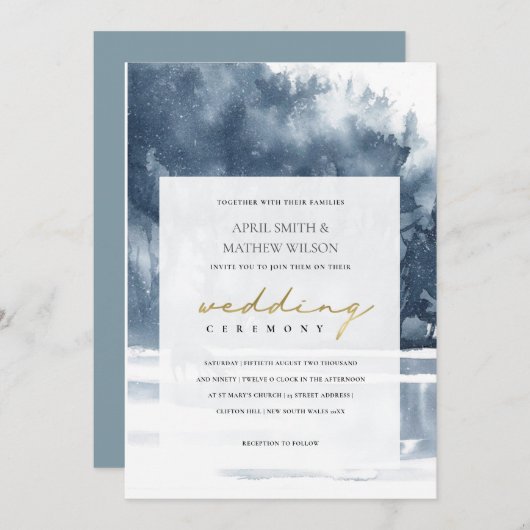 夕暮れインクブルーフォレストレイクパイン結婚式の招待 サンキューカード (正面/裏面)