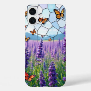 夕暮れステンドグラスでラバンダーと蝶 iPhone 16 PLUSケース