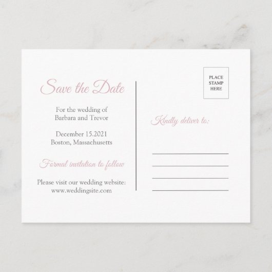 夕暮れピンク&シルバー雪の結晶の冬の日付を保存 案内ポストカード (裏面)