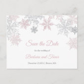 夕暮れピンク&シルバー雪の結晶の冬の日付を保存 案内ポストカード (正面)