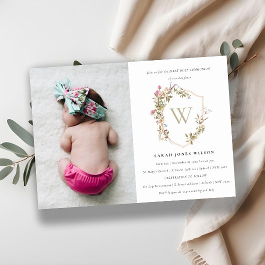 夕暮れワイルドフラワークレスト写真最初の聖餐式 招待状