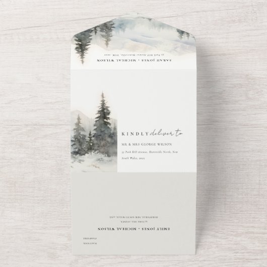 夕暮れ冬の雪の山の風景結婚ズ オールインワン招待状 (外側)