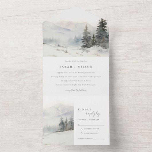 夕暮れ冬の雪の山の風景結婚ズ オールインワン招待状 (内側)