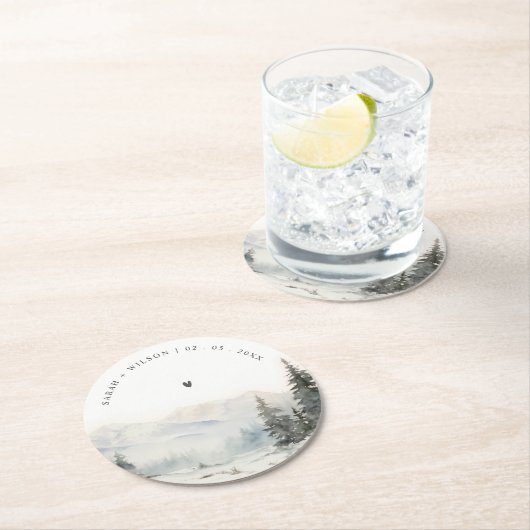 夕暮れ冬の雪の山の風景結婚ズ ラウンドペーパーコースター (インサイチュ)