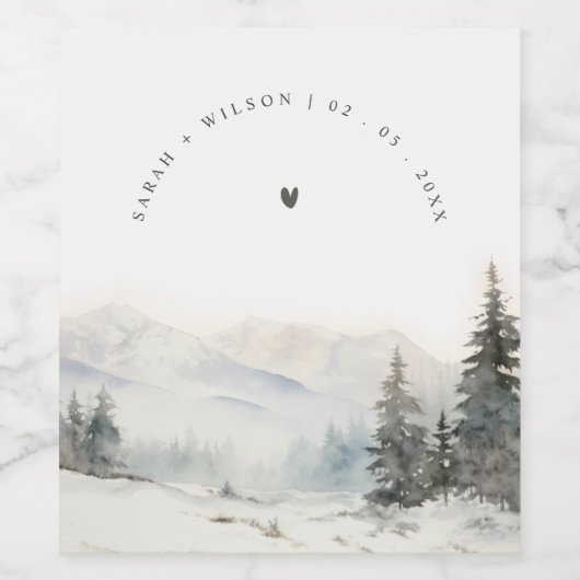 夕暮れ冬の雪の山の風景結婚ズ ワインラベル (シングルラベル)