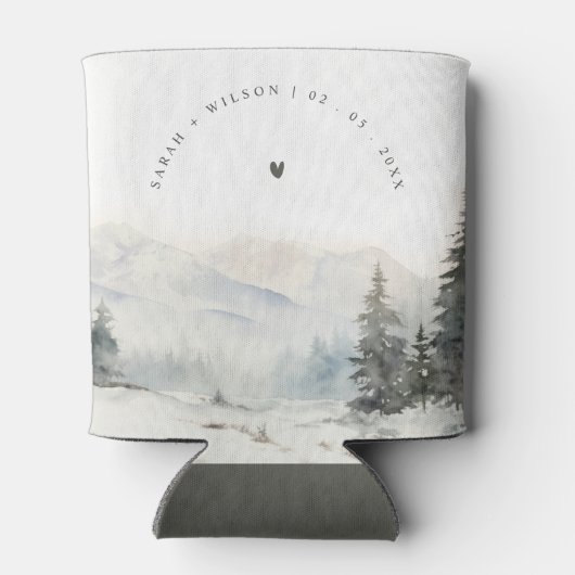 夕暮れ冬の雪の山の風景結婚ズ 缶クーラー (裏面)