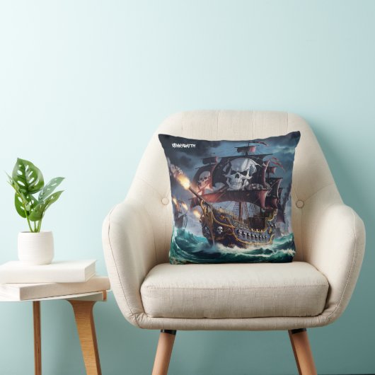 夕暮れ威厳のあるで嵐の海と戦う海賊船 クッション (椅子)