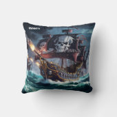 夕暮れ威厳のあるで嵐の海と戦う海賊船 クッション (裏面)