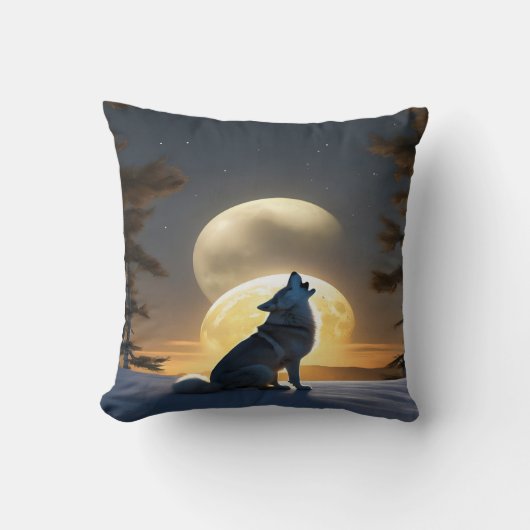 夕暮れ威厳のあるのツイン・モーンの下で狼がハウリング クッション (正面)