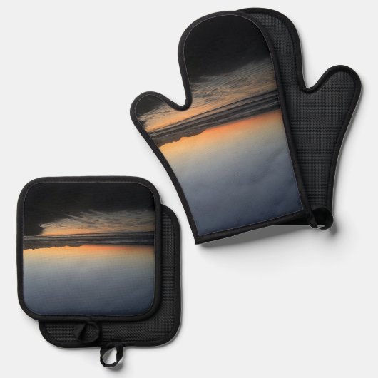 夕暮れ時から夕暮れ時までビーチ写真 鍋つかみ&鍋敷きセット (正面/裏面)