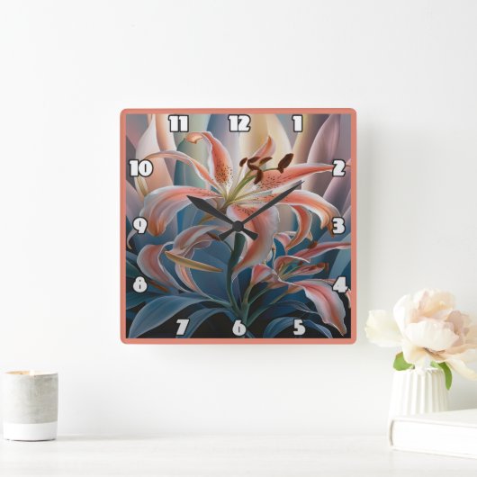 夕暮れ時にカラフルの離れ間で咲く百合 スクエア壁時計 (ホーム)