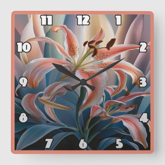 夕暮れ時にカラフルの離れ間で咲く百合 スクエア壁時計 (正面)
