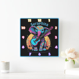 夕暮れ時にギターを持つ象 スクエア壁時計