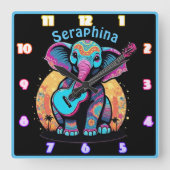 夕暮れ時にギターを持つ象 スクエア壁時計 (正面)