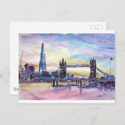 夕暮れ時にシャードのあるロンドンタワーブリッジ ポストカード (正面/裏面)