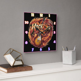 夕暮れ時にノートで炎の中のギター スクエア壁時計