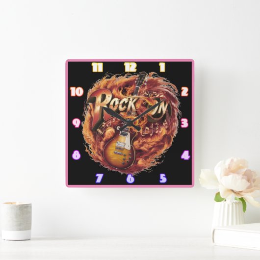 夕暮れ時にノートで炎の中のギター スクエア壁時計 (ホーム)