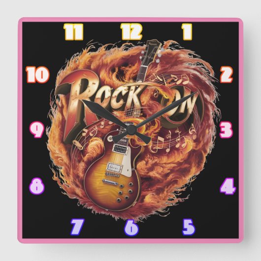 夕暮れ時にノートで炎の中のギター スクエア壁時計 (正面)