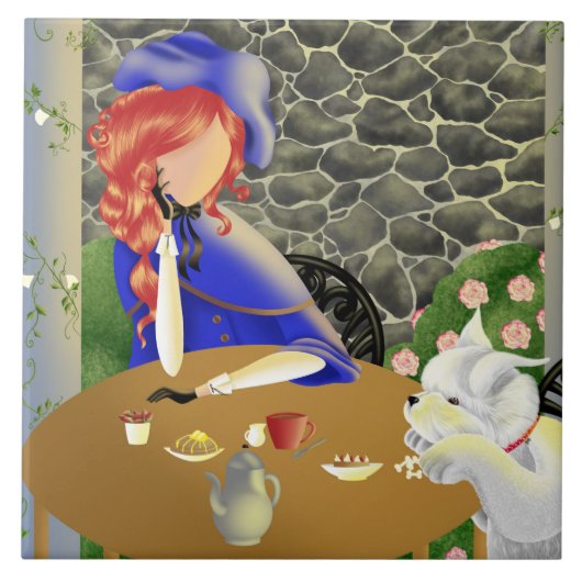夕暮れ時に可愛い犬とカフェの女性 タイル (正面)