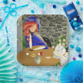 夕暮れ時に可愛い犬とカフェの女性 ペーパープレート (パーティー)