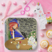 夕暮れ時に可愛い犬とカフェの女性 ペーパープレート (パーティー)