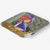 夕暮れ時に可愛い犬とカフェの女性 ペーパープレート (傾斜あり)