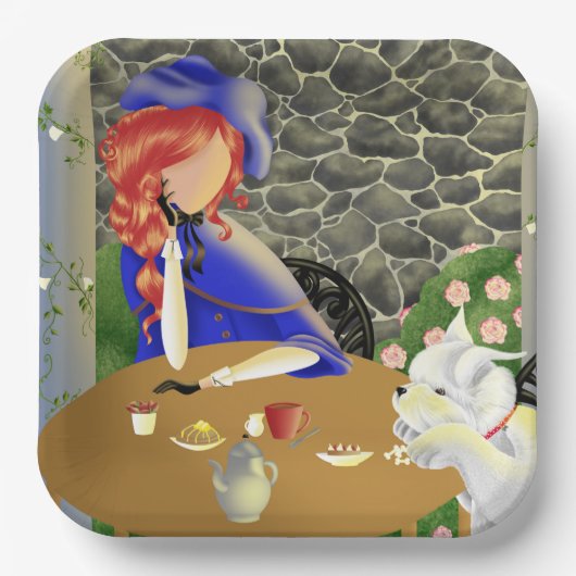 夕暮れ時に可愛い犬とカフェの女性 ペーパープレート (正面)