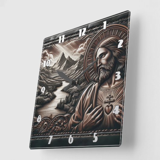 夕暮れ時に威厳のある山に囲まれたイエス スクエア壁時計 (傾斜)