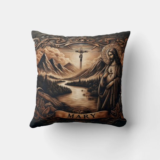 夕暮れ時に山に囲まれた川でイエスとマリア クッション (裏面)