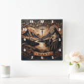 夕暮れ時に山に囲まれた川でイエスとマリア スクエア壁時計 (ホーム)