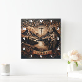 夕暮れ時に山に囲まれた川でイエスとマリア スクエア壁時計