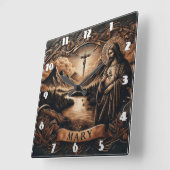 夕暮れ時に山に囲まれた川でイエスとマリア スクエア壁時計 (傾斜)