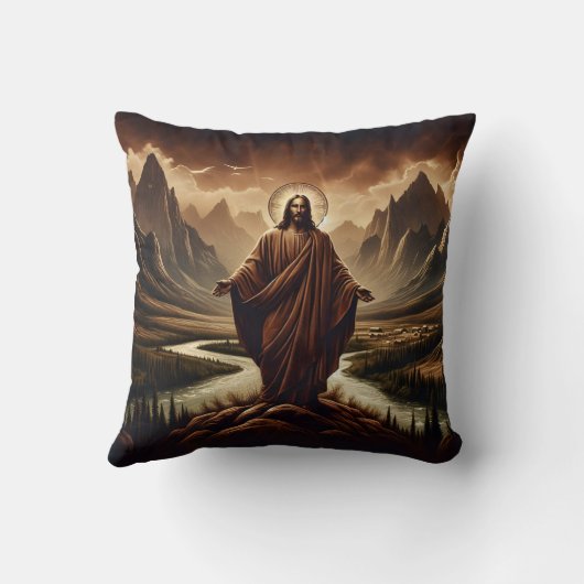 夕暮れ時に山威厳のあるに立つイエス クッション (裏面)