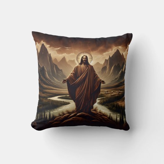 夕暮れ時に山威厳のあるに立つイエス クッション (正面)