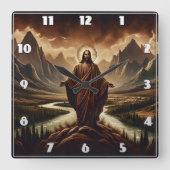 夕暮れ時に山威厳のあるに立つイエス スクエア壁時計 (正面)