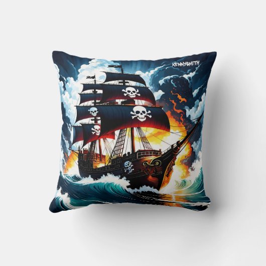 夕暮れ時に嵐の波の間を航行する海賊船 クッション (裏面)