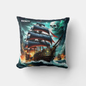 夕暮れ時に嵐の海と戦う壮大な海賊船 クッション (正面)