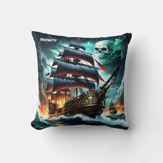 夕暮れ時に嵐の海と戦う壮大な海賊船 クッション (正面)