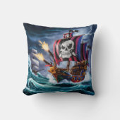 夕暮れ時に嵐の海と戦う海賊船 クッション (正面)