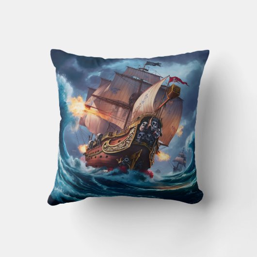 夕暮れ時に嵐の海に巻き込まれる恐ろしい海賊船 クッション (裏面)
