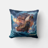 夕暮れ時に嵐の海に巻き込まれる恐ろしい海賊船 クッション (正面)