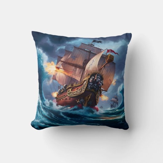 夕暮れ時に嵐の海に巻き込まれる恐ろしい海賊船 クッション (正面)
