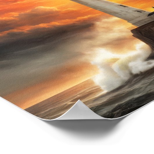 夕暮れ時に嵐の海の中の白い灯台 ポスター (角)